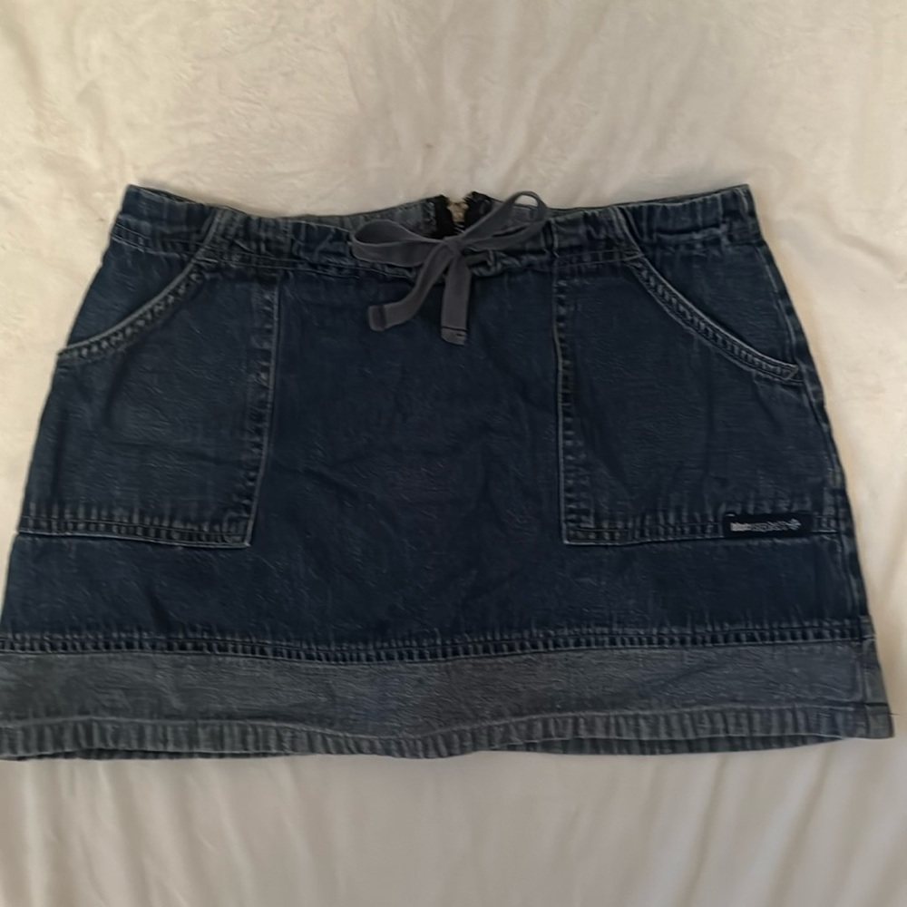 Denim mini skirt.